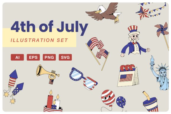 Retro 4th of July Illustrations for Handmade Graphics